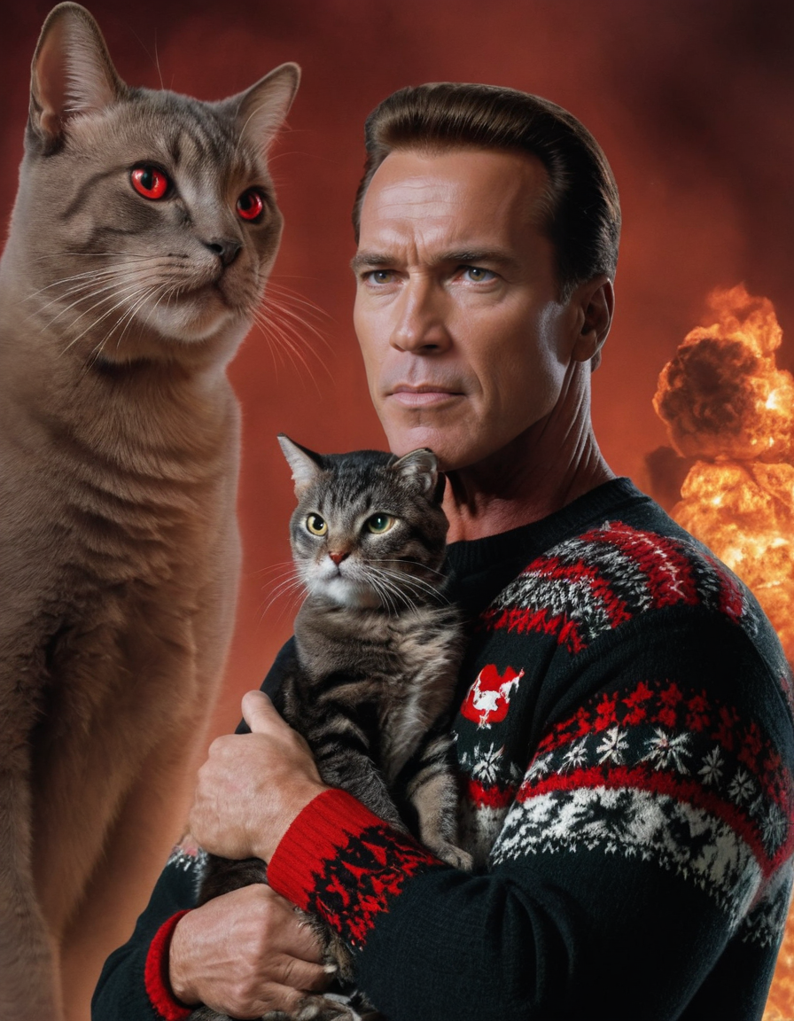 08515-4075203323-cinematic film still t-900 arnold schwarzenegger with glowing red eyes wearing an ugly sweater holding a cat, mushroom cloud bac.png